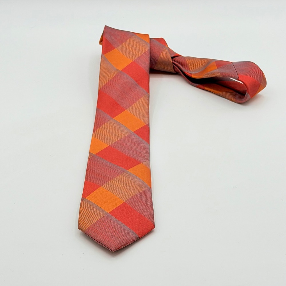 Giovanni Testi Mens Plaid‎ Necktie Red Orange Microfiber Stain Resistant Party